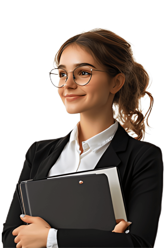 accountant woman similing looking to the side holding a folder